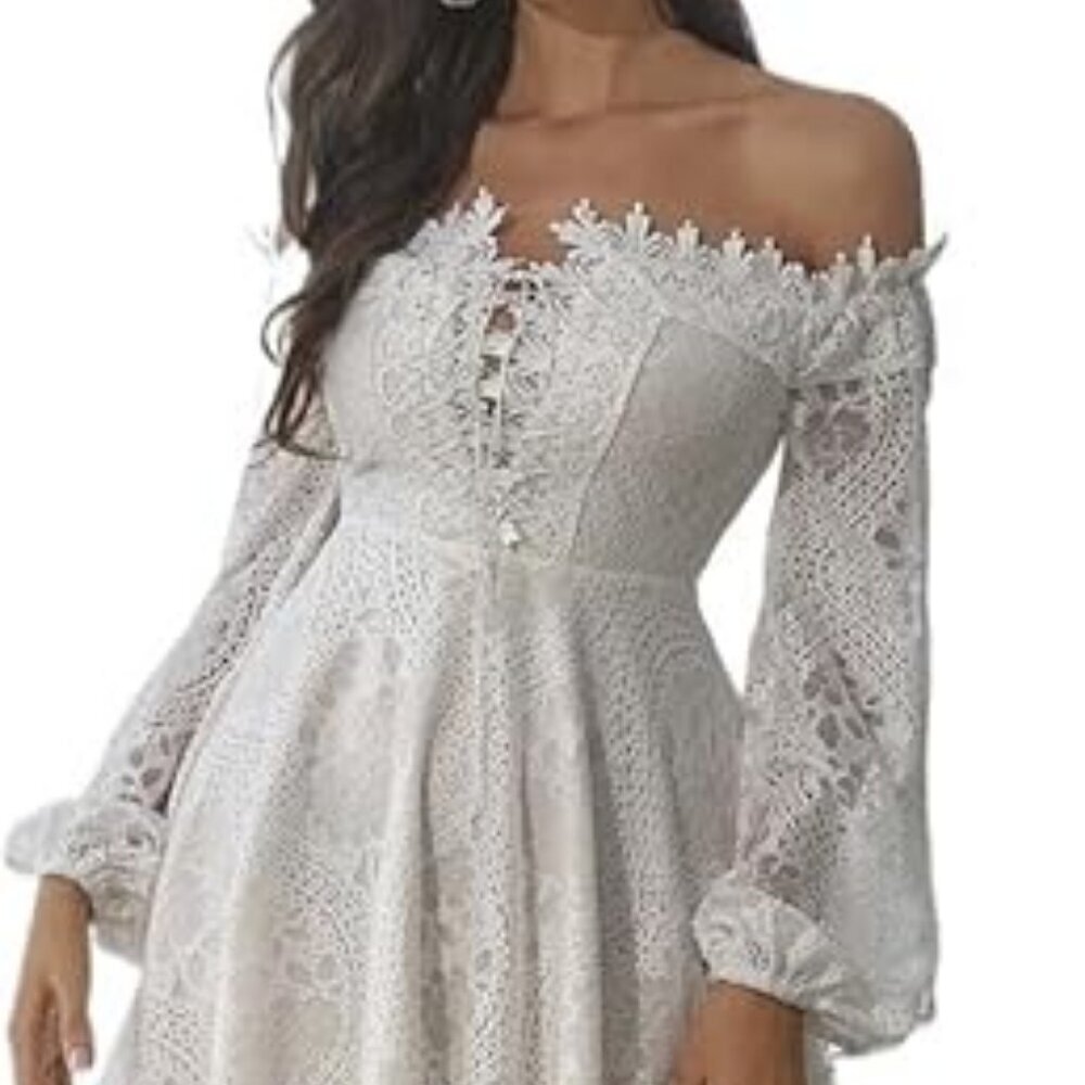 White Lace & Eyelet Lace Up Front Long Puff Sleeve Baby Doll Mini Dress Sz L